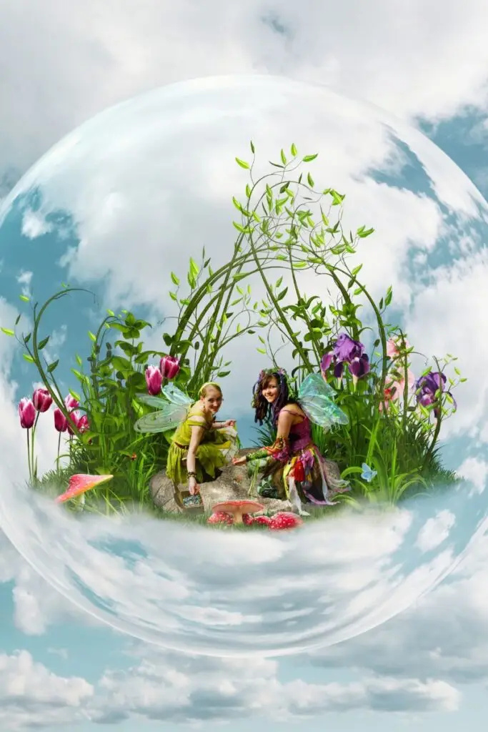 Une bulle transparente avec 2 personnes à l'intérieur assises dans un jardin fleuri. Cette image représente le lieu de sécurité qui est une séance d'hypnose faisant partie de l'hypnose thérapeutique du cabinet Hypnoharmony à Genève.