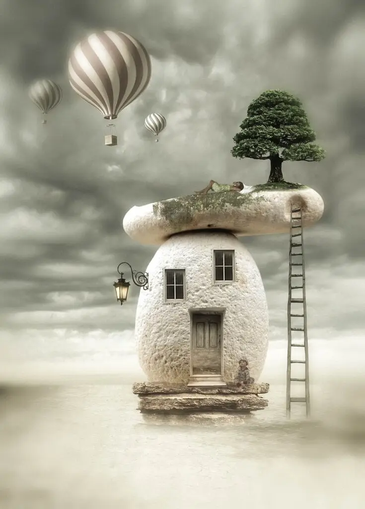 maison en pierre avec une échelle qui mène à un arbre posé sur un caillou et montgolfière en arrière-plan volant dans le ciel. illustre un lieu de sécurité imaginaire dans le cadre d'une séance d'hypnose réalisée par Hypnoharmony à Genève.