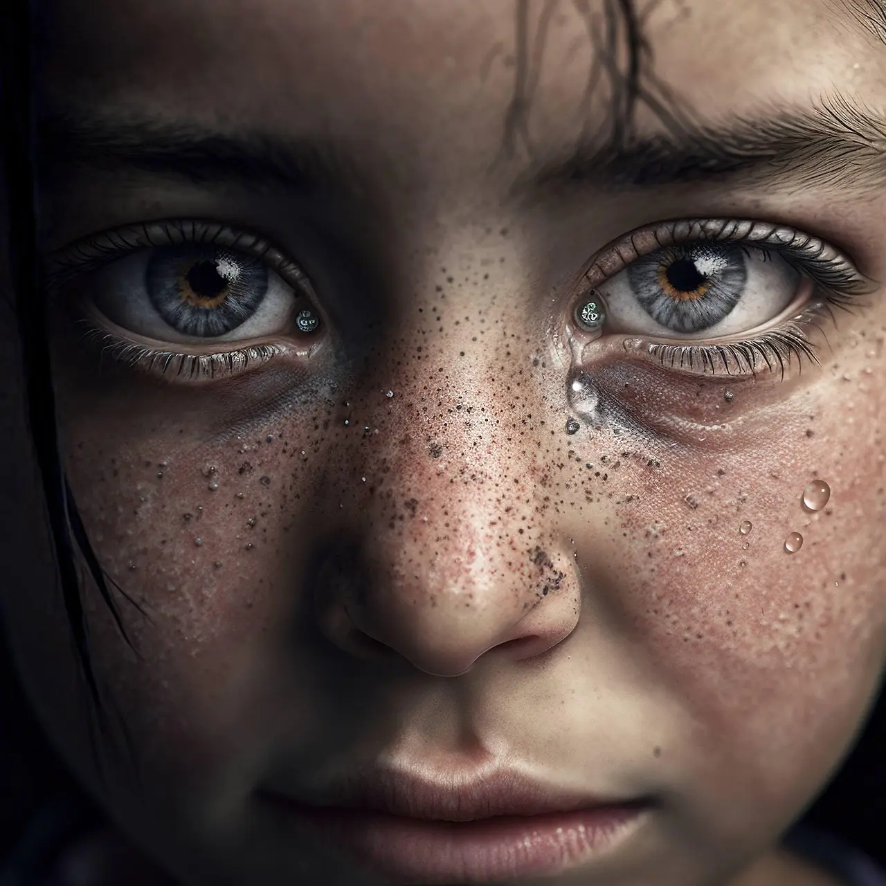 visage d'un enfant au regard profond,qui pleure. Cela représente la blessure d'abandon qui est traitée en séance d'hypnothérapie