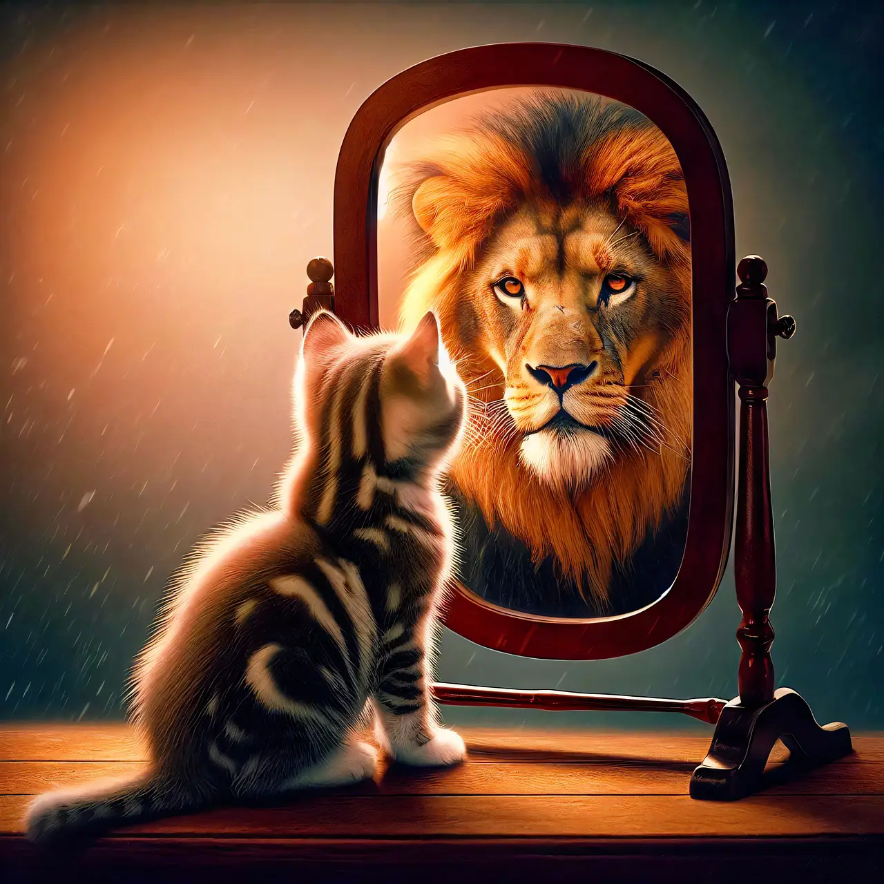 un chat qui se regarde à travers un miroir, il y voit son reflet représentant un lion. Quand le manque de confiance devient un obstacle en thérapie