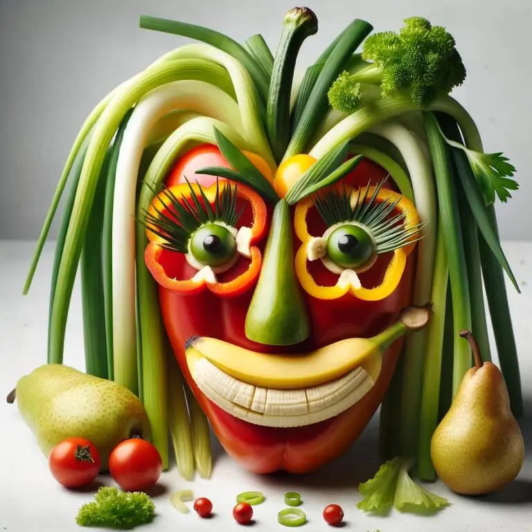 visage constitué de légumes divers : la bouche est une banane, les yeux sont des poivrons coupés en 2, le nez est une poire, les cheveux sont des poireaux, et le visage est u. gros poivron. L'approche holistique qui fonctionne le mieux dans la perte de poids