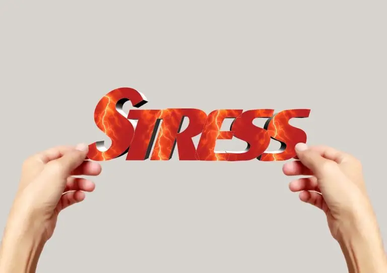 Le mot stress écrit en lettres rouges et tenu par 2 mains. L'impact du stress sur le poids