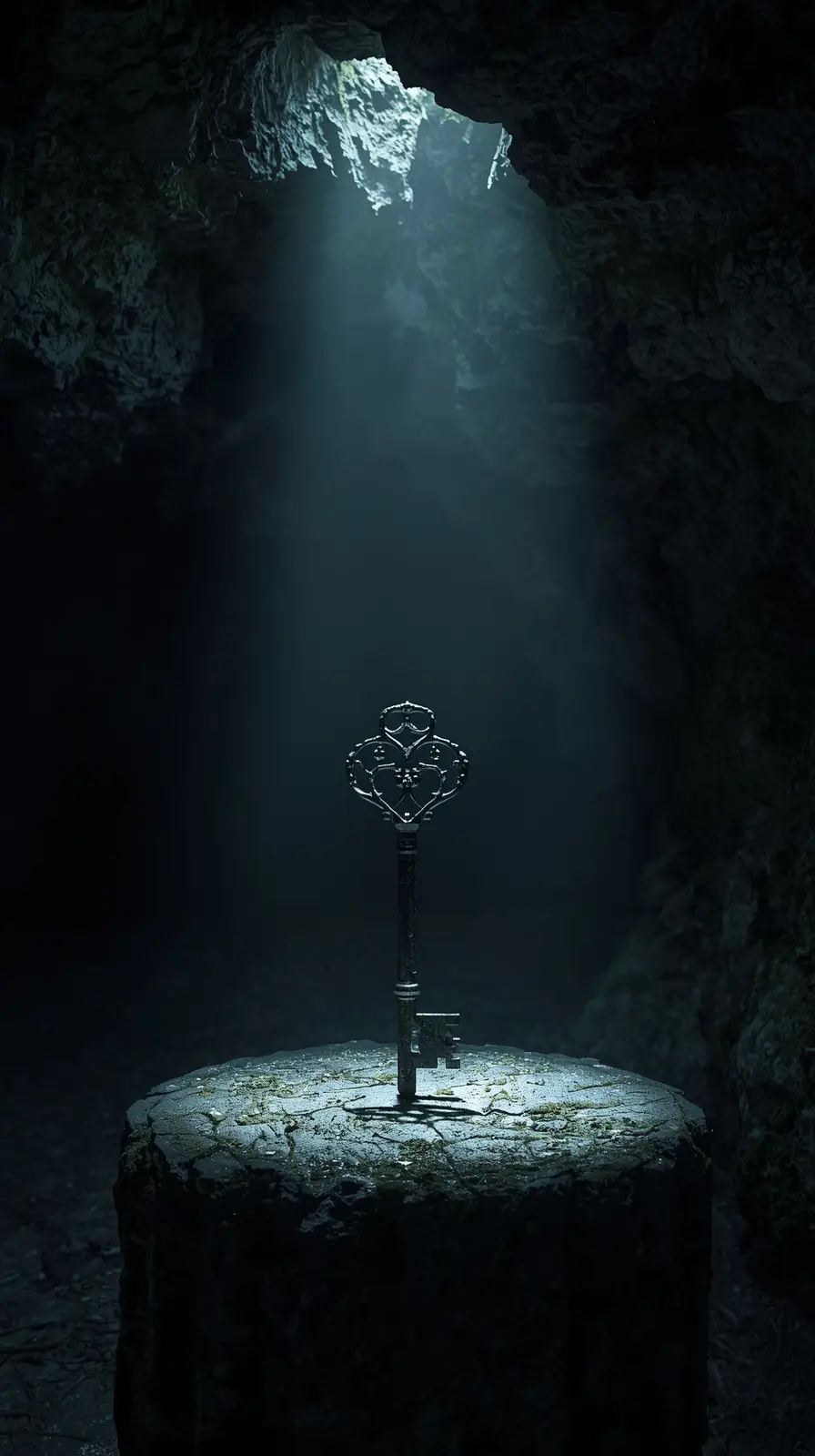 Grande clé noire posée (représentant l'inconscient) sur un socle en pierre, illuminé par un rayon lumineux (représentant le conscient)