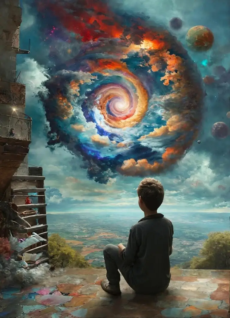 un petit garçon assis par terre regardant au loin dans le ciel un tourbillon de nuages colorés représentant le passé : le lieu où se forme l'empreinte émotionnelle, que l'on va traiter en hypnose