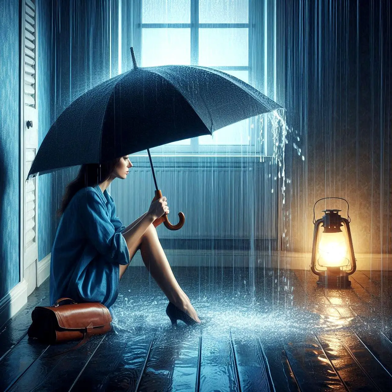 Une femme tenant un parapluie, assise en tailleur par terre, dans une maison où il pleut à l'intérieur, est posée à côté d'elle un cartable qui prend l'eau. Cela représente une femme submergée par le stress. L'impact du stress sur le corps.