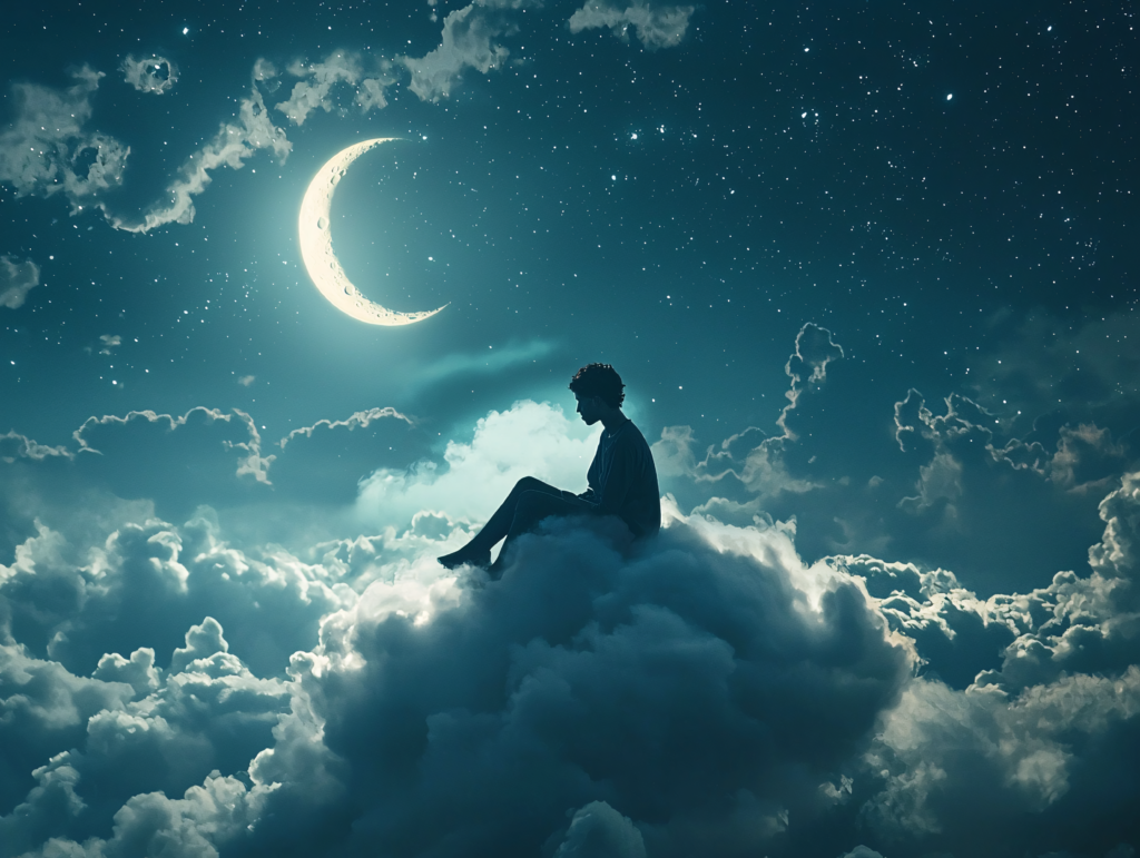 un homme assis sur un nuage dans le ciel, avec la lune au dessus