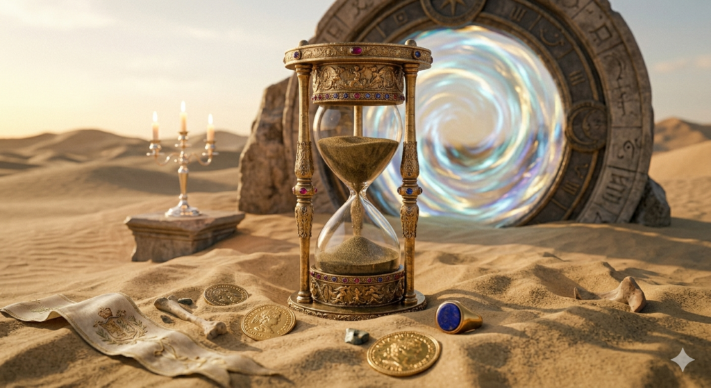 sablier ancien posé sur le sable avec la porte du temps derrière. Hyonose de régression des vies antérieures