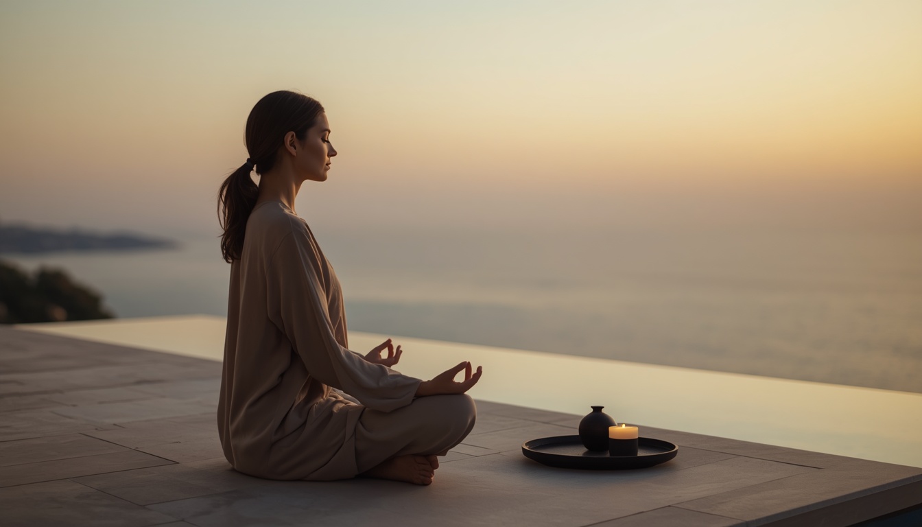 Femme assise en tailleur, faisant de la méditation : illustre hypnose et anxiété
